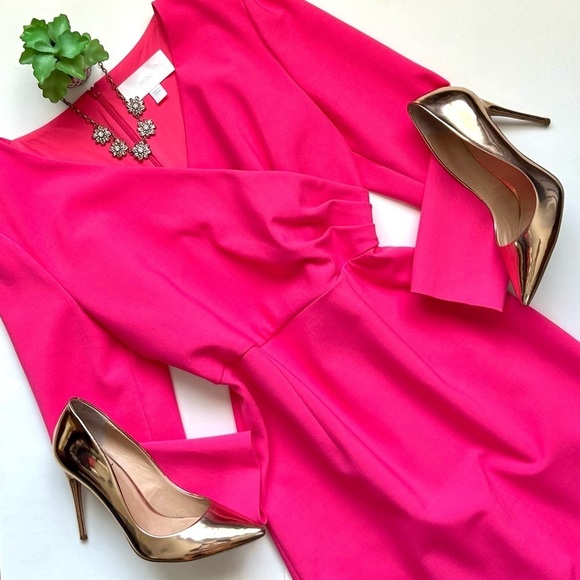 Hugo Boss Dresses & Skirts - Hugo BOSS Daraya Faux Wrap Dress Pink 3/4 Sleeve Ruched Sheath Size 44 / 8